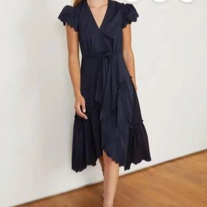 Caballero Catalina Ruffle Wrap Dress Eyelet Cap Sleeve Navy Medium
